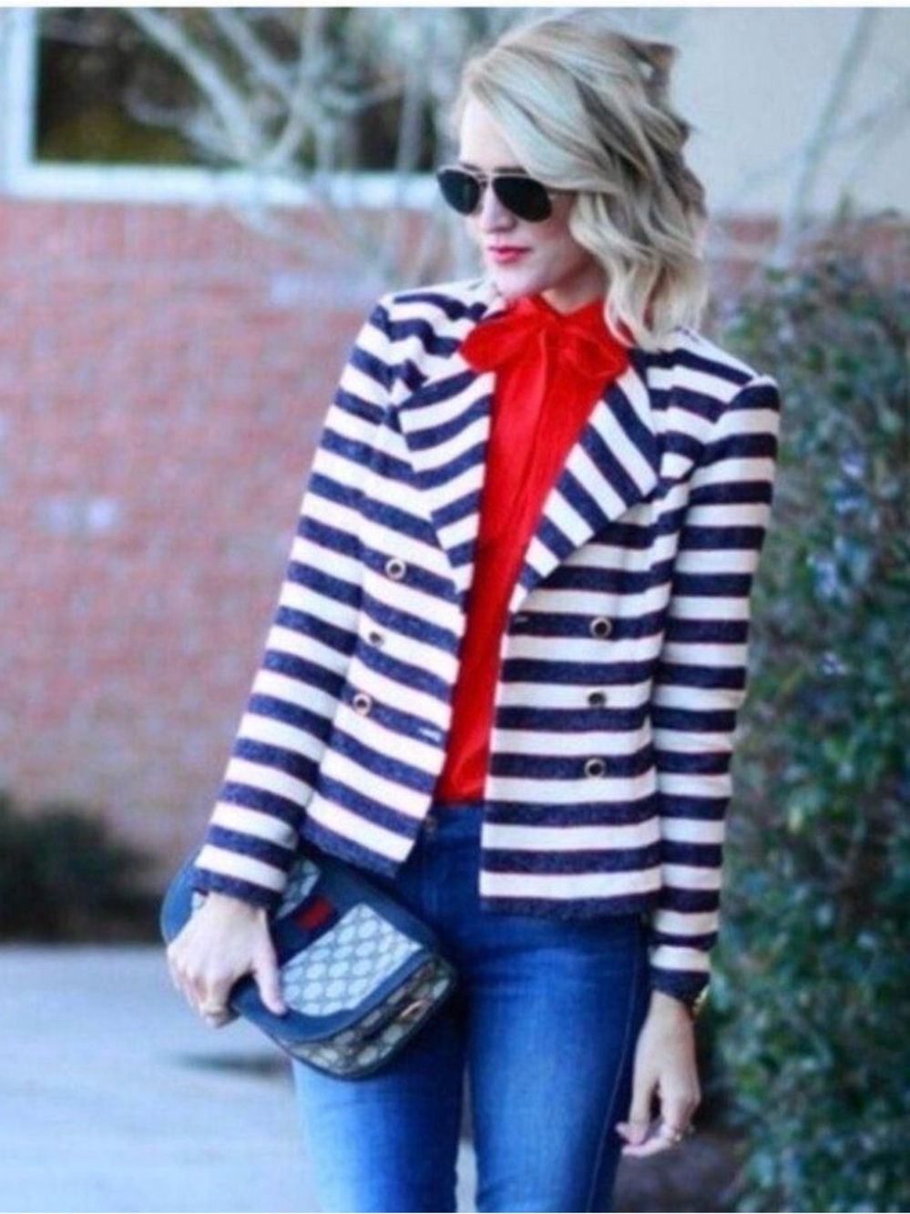 CAbi Navy & White Striped Double-Breasted Blazer with Red Accent